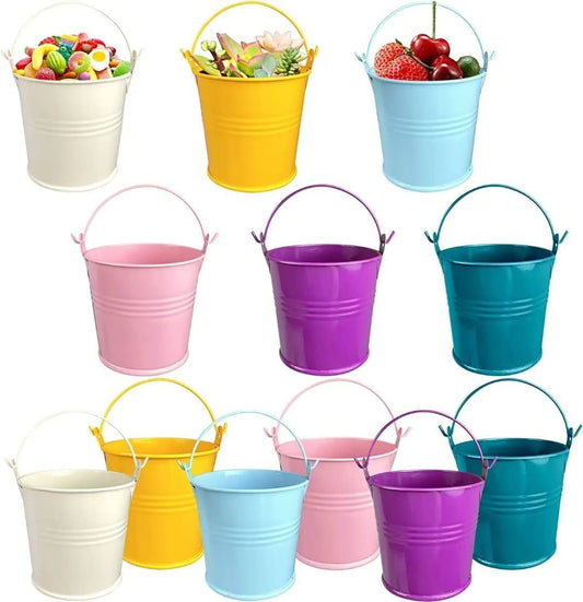 UDIYO 2Pcs Galvanized Metal Buckets with Handle Mini Round Flower Pot Plant Basket for Small Plant and Candy Snack and Home Party Decoration, Yellow/Blue/Pink/Red and so on