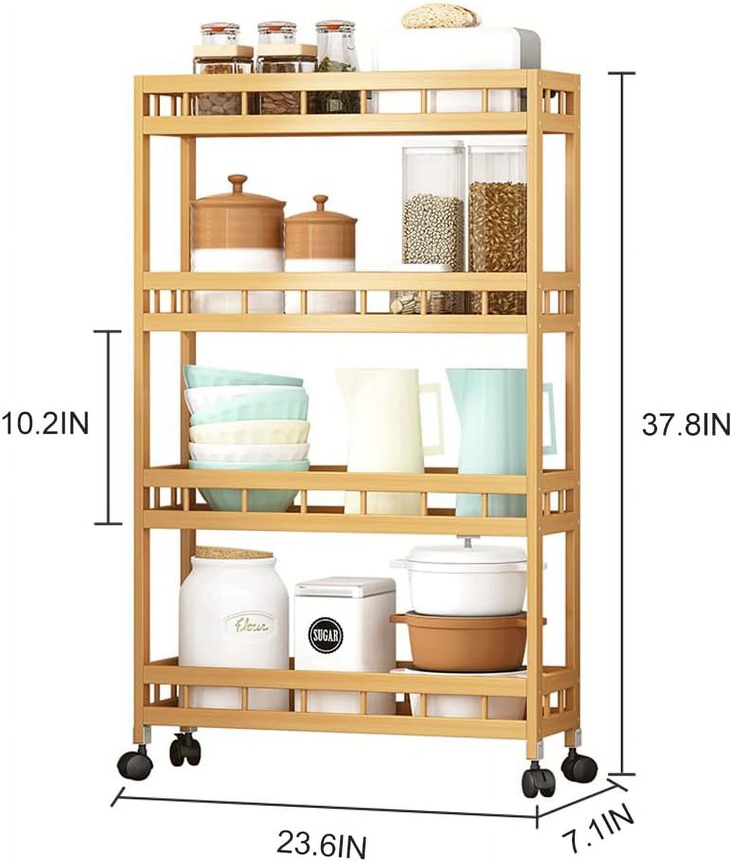 4-Tier Slim Storage Kitchen Cart, Utility Cart Storage Shelf Rack on Wheels, 7.1 Inch Width Baker's Rack for Narrow Place, Bamboo